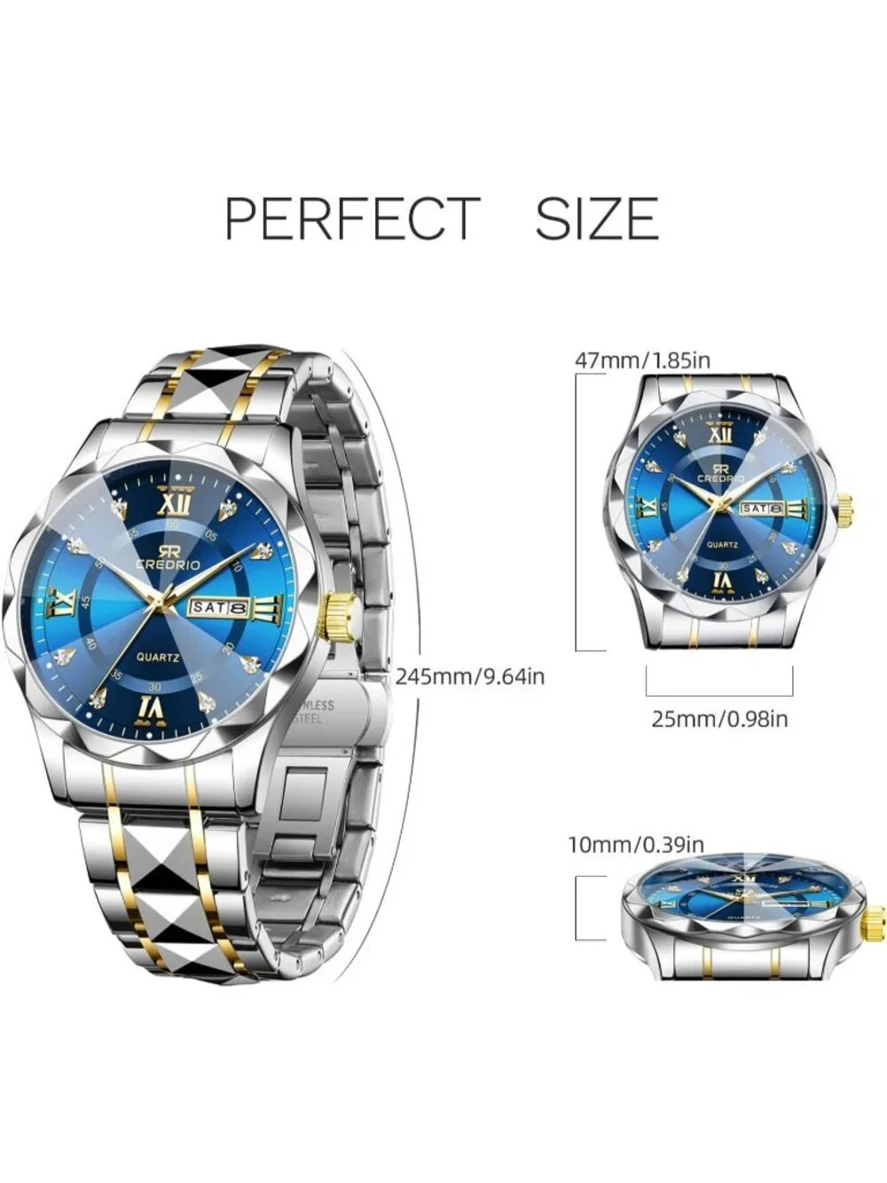 Mens Silver Blue Stainless Steel Waterproof Diamond Analog Luminous Wrist Watch